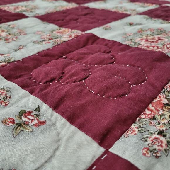 Vintage Amish Handmade Quilt Queen 100x98 Checkerboard Hearts Floral Burgundy PA - Picture 10 of 11